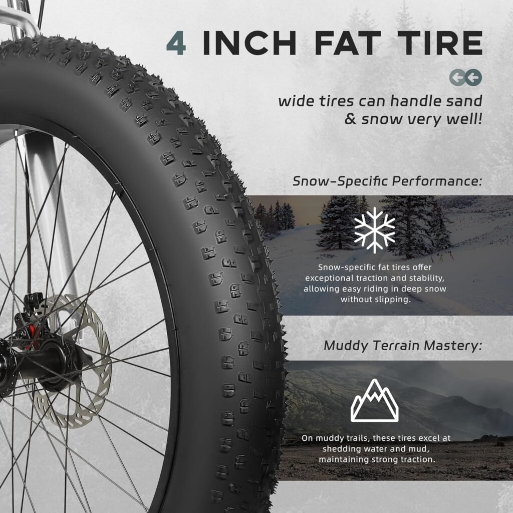 Outroad 26 inch fat tire bike showing 4 inch tire tread