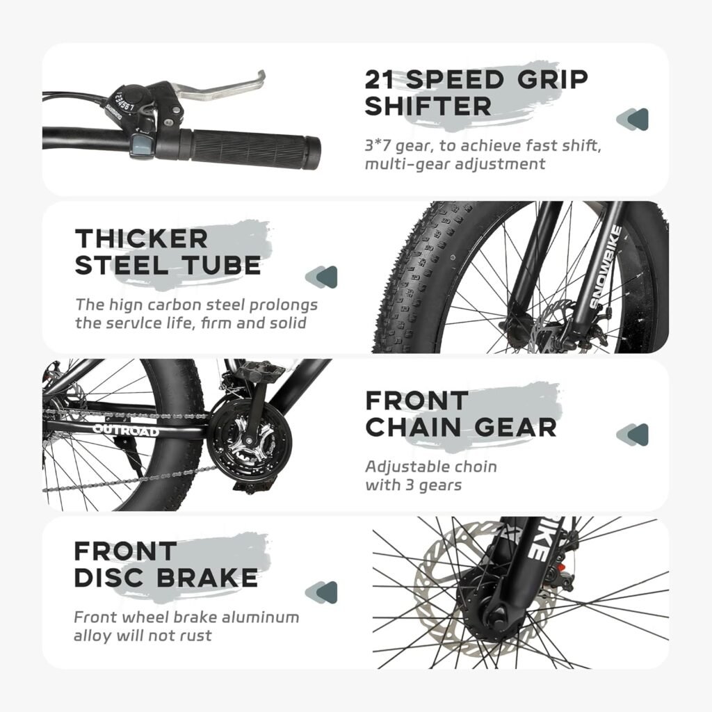 Outroad fat tire mountain bike with steel frame and disc brakes