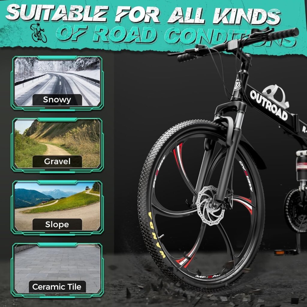 Outroad 26 Inch Folding Mountain Bike With dual suspension, 21 speeds, and disc brakes